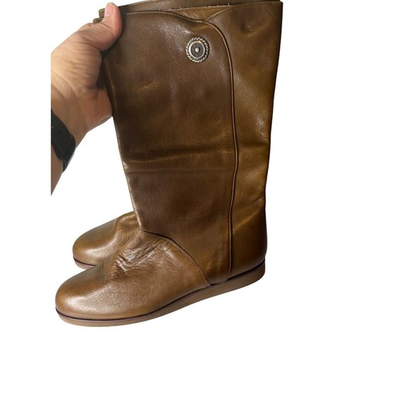 Leather Flat Mid-Calf Boots With Silver Button Accent Brown Rubber Sole Womens S - Picture 2 of 11